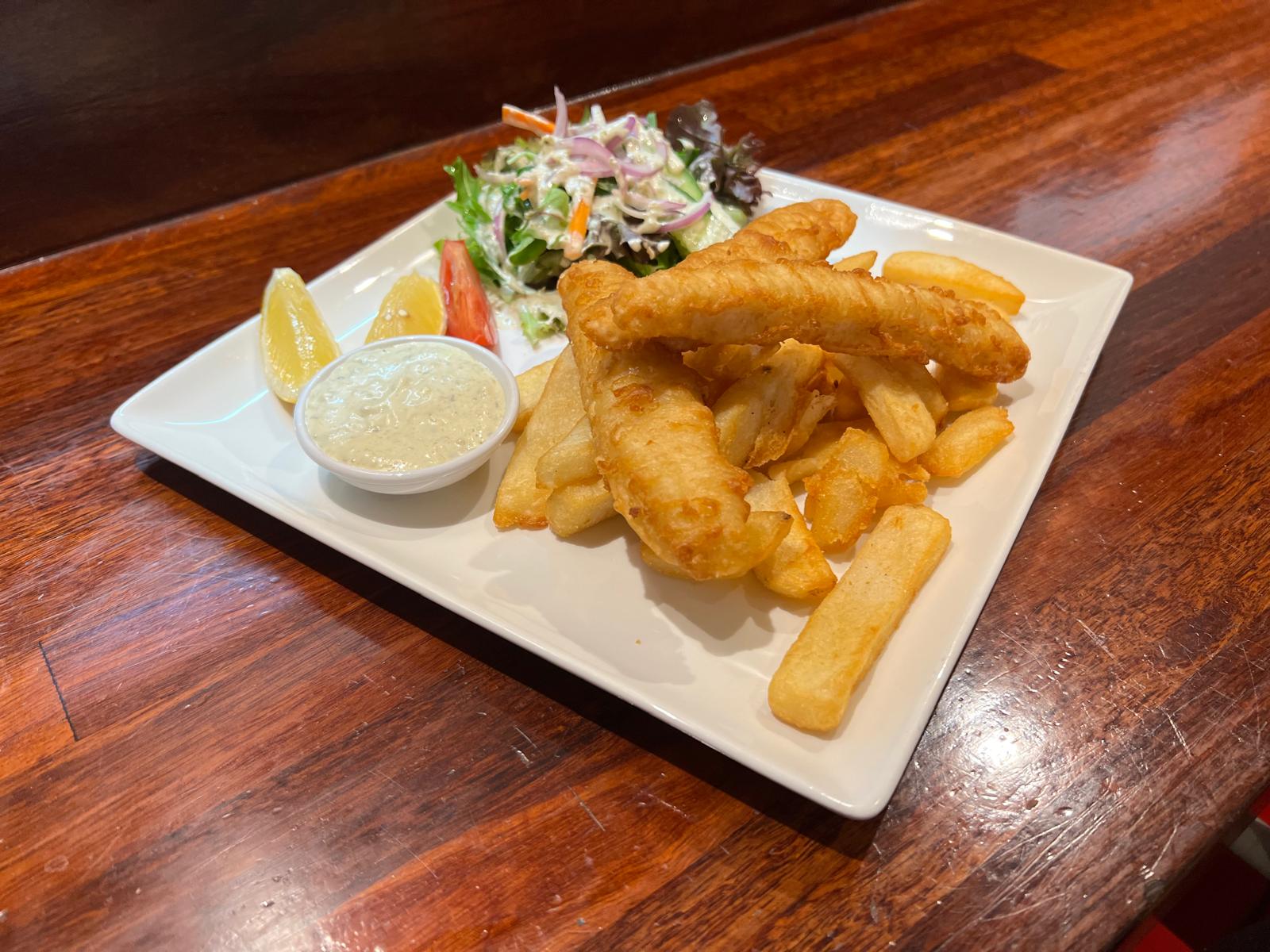 Crispy Fish and Chips at Racetrack Café